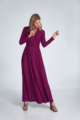 Elegancka fuksjowa sukienka maxi z długim rękawem i dekoltem kopertowym - M705 rozmiar L