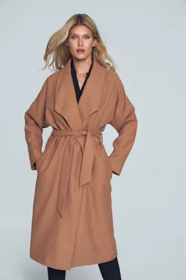 Brązowy płaszcz damski z paskiem M713 rozmiar L/XL