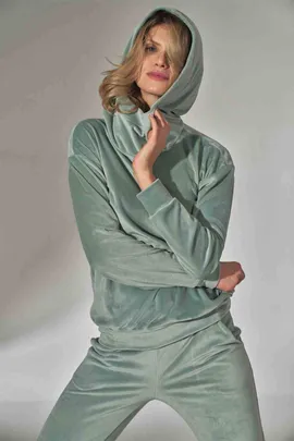 Bluza welurowa damska - bluza damska z kapturem miętowa M745 rozmiar L