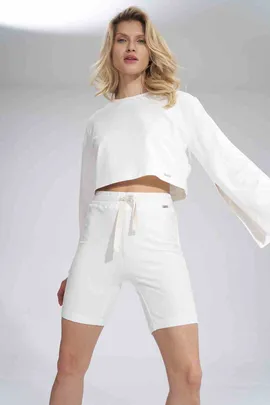 Krótka bluza damska z rozciętymi rękawami écru M774 rozmiar S