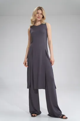 Długa tunika damska - tunika z rozcięciami ciemnoszara M780 rozmiar L