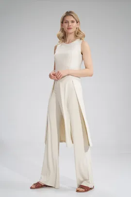 Długa tunika damska - tunika z rozcięciami ecru M780 rozmiar L