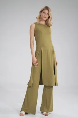 Długa tunika damska - tunika z rozcięciami oliwkowa jasna M780 rozmiar L