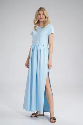 Długa błękitna sukienka z rozcięciem bawełniana - M787 rozmiar M