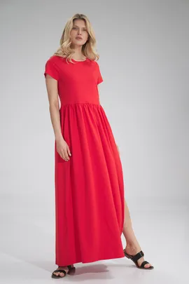 Długa czerwona sukienka z rozcięciem bawełniana - M787 rozmiar L