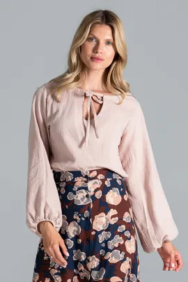 Bluzka z bufiastym rekawem - bluzka z wiązaniem na szyi beżowa M818 rozmiar L/XL