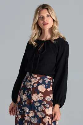 Bluzka z bufiastym rekawem - bluzka z wiązaniem na szyi czarna M818 rozmiar L/XL