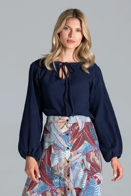 Bluzka z bufiastym rekawem - bluzka z wiązaniem na szyi granatowa M818 rozmiar L/XL