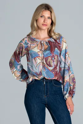 Bluzka z bufiastym rekawem - bluzka z wiązaniem na szyi w kwiaty M818 rozmiar L/XL