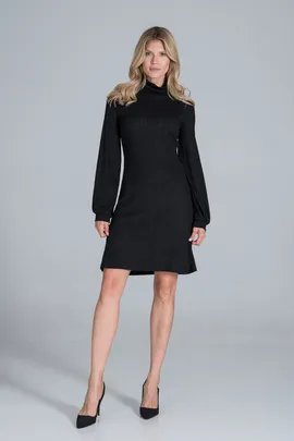 Czarna sukienka z dzianiny z długimi bufiastymi rękawami - M831 rozmiar L
