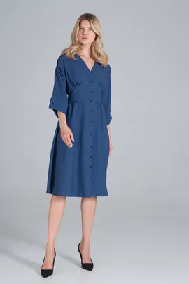 Szafirowa sukienka midi z guzikami i rękawem 3/4 na co dzień - M843 rozmiar L