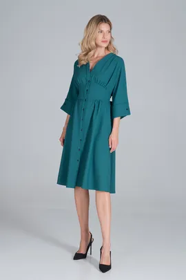 Zielona sukienka midi z guzikami i rękawem 3/4 na co dzień - M843 rozmiar M