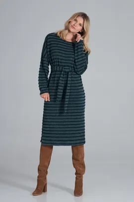 Dzianinowa sukienka w paski z długimi rękawami zielona midi - M848 rozmiar L/XL