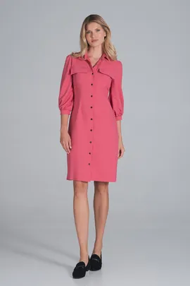Sukienka koszulowa z bufiastym rękawem 3/4 na co dzień koral - M849 rozmiar L