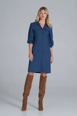 Niebieska sukienka koszulowa z bufiastym rękawem 3/4 - M849 rozmiar L