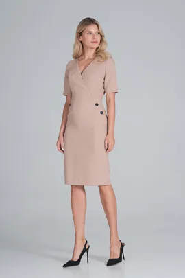 Sukienka ołówkowa z krótkim rękawem bezowa do pracy - M851 rozmiar L