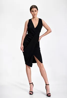 Czarna wieczorowa sukienka asymetryczna z marszczeniami - M858 rozmiar L