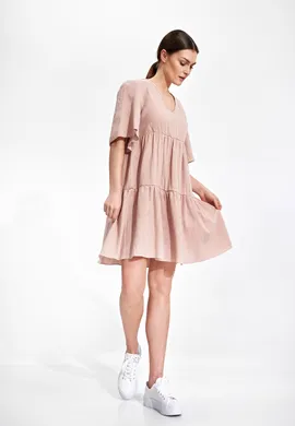 Sukienka muślinowa z falbanami beżowa - M869 rozmiar L/XL