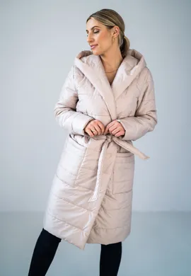 Stylowy beżowy płaszcz puchowy z paskiem na zimę M929 rozmiar L/XL
