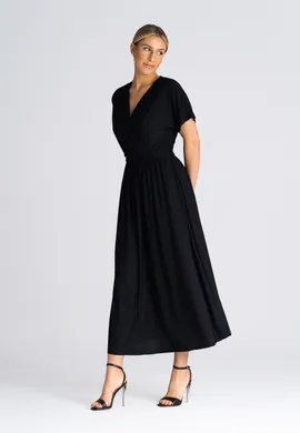 Prosta sukienka midi - Sukienka z opadającym rękawem czarna M935 rozmiar L/XL