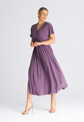 Prosta sukienka midi - Sukienka z opadającym rękawem fioletowa M935 rozmiar L/XL