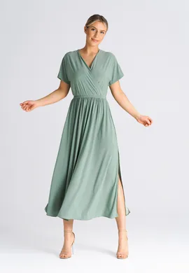 Prosta sukienka midi - Sukienka z opadającym rękawem oliwkowa M935 rozmiar L/XL