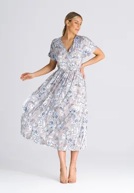 Prosta sukienka midi - Sukienka z opadającym rękawem w kwiaty M935 rozmiar L/XL