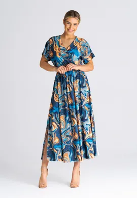 Prosta sukienka midi - Sukienka z opadającym rękawem we wzory M935 rozmiar L/XL