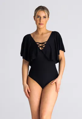 Body z falbanka damskie - body damskie z krótkim rękawem czarne M938 rozmiar L