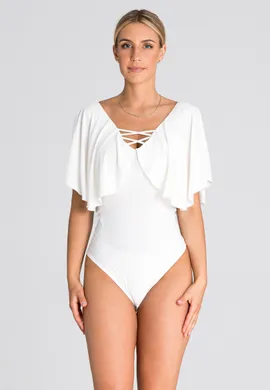 Body z falbanka damskie - body damskie z krótkim rękawem białe M938 rozmiar L