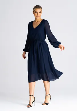 Rozkloszowana sukienka midi - granatowa sukienka bufiaste rękawy M939 rozmiar L