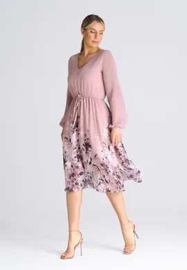 Rozkloszowana sukienka midi - różowa sukienka bufiaste rękawy M939 rozmiar L