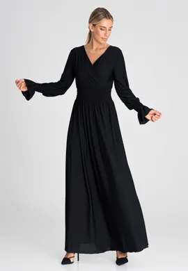 Elegancka sukienka z gumką w pasie - sukienka z zakładanym dekoltem czarna M940 rozmiar L/XL