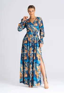 Elegancka sukienka z gumką w pasie - sukienka z zakładanym dekoltem we wzory M940 rozmiar L/XL