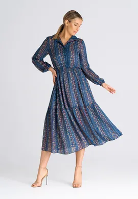 Rozkloszowana sukienka w kwiaty - Sukienka z kołnierzykiem niebieska M942 rozmiar L/XL