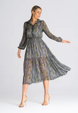 Rozkloszowana sukienka w kwiaty - Sukienka z kołnierzykiem szara M942 rozmiar L/XL