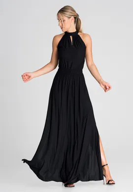 Długa sukienka wieczorowa - Elegancka sukienka ze stójką czarna M945 rozmiar L