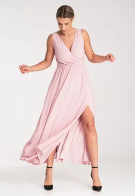 Długa sukienka elegancka - Sukienka bez rękawów na wesele różowa M960 rozmiar XS