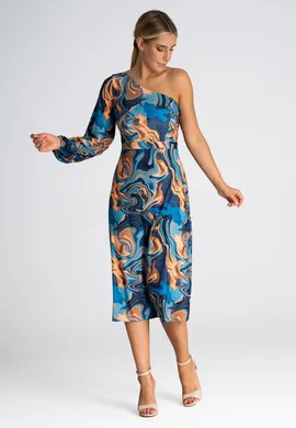 Elegancka sukienka na jedno ramie z długim rękawem wzór abstrakcyjny M962 rozmiar L