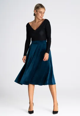 Welurowa spódnica - spódnica rozkloszowana midi morska M964 rozmiar L/XL