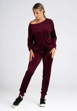 Spodnie welurowe dresowe - Welurowe spodnie damskie bordowe M965 rozmiar L