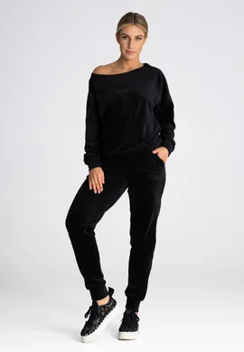 Spodnie welurowe dresowe - Welurowe spodnie damskie czarne M965 rozmiar L