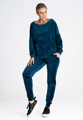 Spodnie welurowe dresowe - Welurowe spodnie damskie morskie M965 rozmiar L