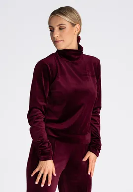 Bluza damska z kominem - welurowa bluza damska bordowa M967 rozmiar L