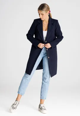 Elegancki płaszcz damski z podszewką granatowy M989 rozmiar L