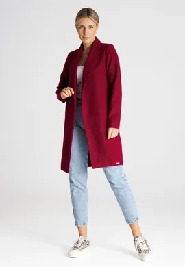 Płaszcz elegancki damski z paskiem bordowy M990 rozmiar M