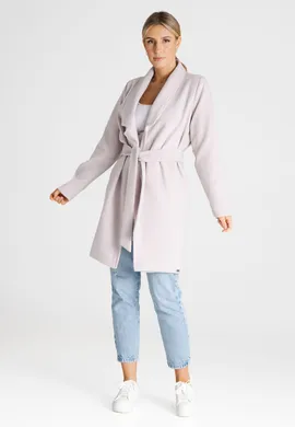 Płaszcz elegancki damski z paskiem beżowy M990 rozmiar L