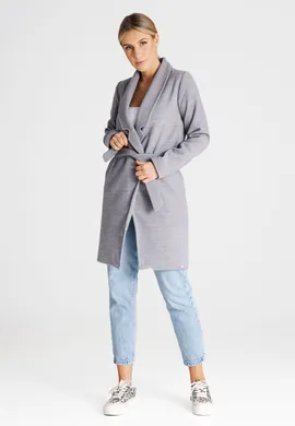 Płaszcz elegancki damski z paskiem szary M990 rozmiar L